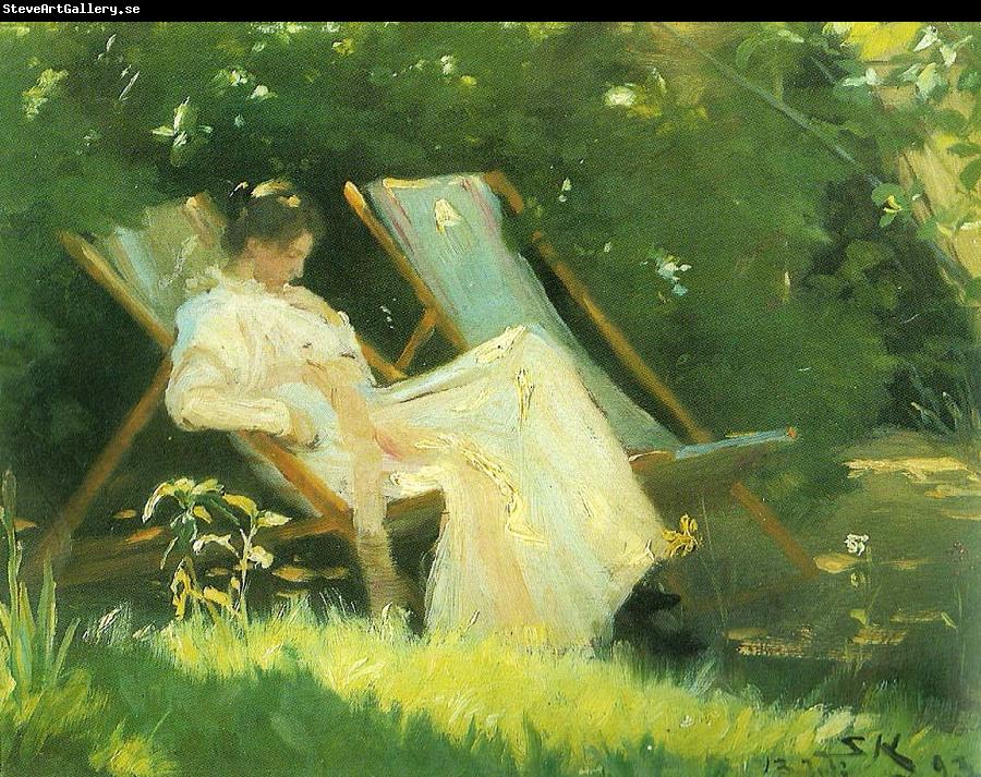 Peter Severin Kroyer kunstnerens hustru siddende i en havestol i deres have pa skagen